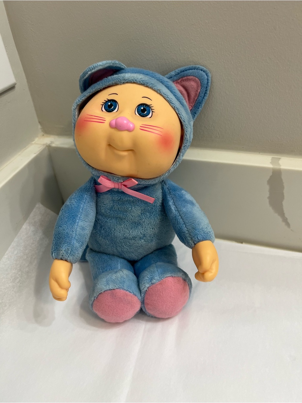 Blue Plush Cat Costume Doll with Pink Accents